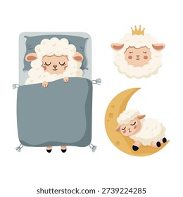 Cute Sleeping Sheep Nursery Set with Moon and Crown. Adorable lamb illustrations in soft pastel colors. Flat vector clipart, illustration with isolated background.