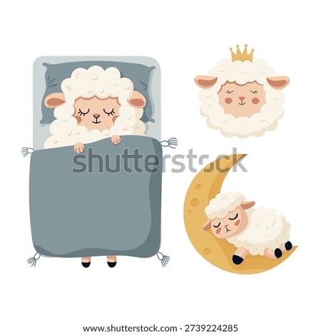 Cute Sleeping Sheep Nursery Set with Moon and Crown. Adorable lamb illustrations in soft pastel colors. Flat vector clipart, illustration with isolated background.