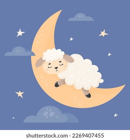 Cute sleeping sheep on moon. Vector illustration in flat cartoon style. Funny poster with farm animal for kids collection, cards, design, print, nursery