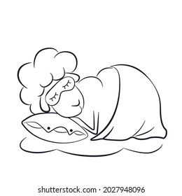 Cute sleeping sheep outline. Funny cartoon animal under blanket. Sweet dreams.