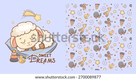 Cute Sleeping Sheep with Toy Pattern Vector Illustration