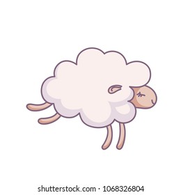 Cute sleeping sheep vector icon. Poster about sleep, dream or relax. Hand drawn illustration of jumping sheep. Concept of counting the sheep, insomnia, sleep disorders, baby sleep.