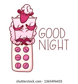 Cute sleeping sheep, vector illustration. Poster about sleep. The concept of trying to sleep, counting the sheep, insomnia, sleep disorders, baby sleep. Vector illustration.