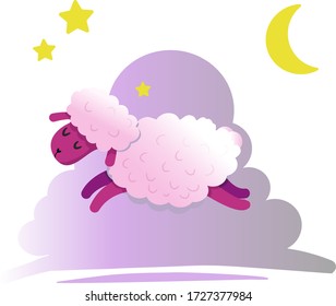 Cute sleeping sheep vector illustration. Poster about sleep, dream or relax, juming sheep. Concept of trying to sleep, counting the sheep.
