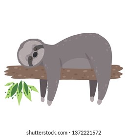 Cute sleeping sloth isolated in white background. Elegant summer vector. Can be used poster, greeting card, gift, banner, textile, T-shirt, mug.