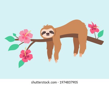 A cute sleeping sloth on a branch of a tree with leaves and tropical flowers. Vector color illustration in flat style.