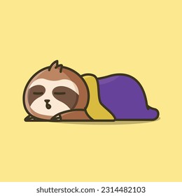Cute sleeping sloth under blanked simple vector cartoon illustration 