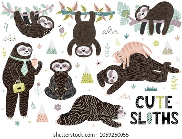 Cute sleeping sloths collection with mountains, plants and flowers. Funny characters in different poses. Vector illustration