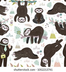 Cute sleeping sloths seamless pattern. Adorable animal background. Vector illustration