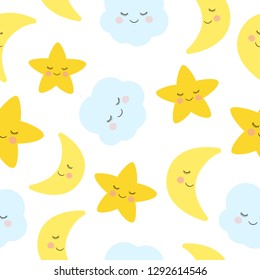 Cute sleeping and smiling little star, moon, and seamless pattern. Adorable childish art. Cartoon style. 