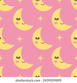 Cute sleeping smiling moon seamless pattern. Moonlight, luna, new moon. Pastel pink and yellow colors. Vector repeat background for children's design, textile, fabric, print.