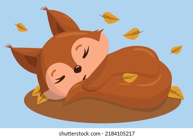 Cute sleeping squirrel. Funny baby ole. The illustration is perfect for printing on children's textiles, postcards, panels, paintings in the nursery, design of kindergartens and children's clinics.