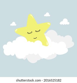 Estrella de dormir lindo en el doodle de ilustración del vector de nube. 