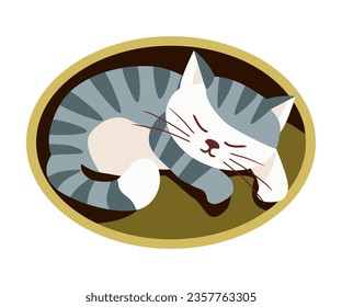 Cute gato de tabú dormido en una cesta, ilustración vectorial en un sencillo estilo plano. Viñeta de fondo blanco.