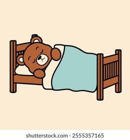 Cute sleeping teddy bear in bed illustration