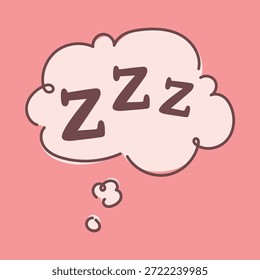Linda burbuja de pensamiento durmiente con letras zzz sobre fondo rosa. Dibujado a mano soñando nube para el descanso dormir siesta de la cama relajación acogedor estilo de dibujos animados ilustración en pastel para el bienestar y el sentimiento tranquilo
