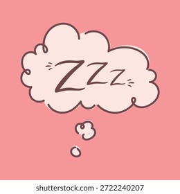 Linda burbuja de pensamiento durmiente con texto zzz sobre fondo rosa. Nube de ensueño dibujado a mano para descansar, dormir y dormir. Acogedora ilustración en estilo pastel suave para relajación, sentimiento tranquilo y temas de bienestar