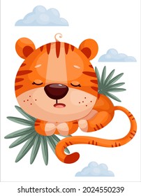 Cute Sleeping Tiger Cub Mouth Open Tropical Leaves Clouds Symbol Year 2022 Cartoon Vector 