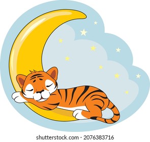 Cute Sleeping Tiger Cub On The Moon. Vector