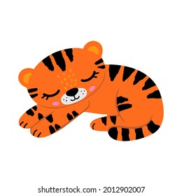 Cute sleeping tiger. Vector illustration, isolated on a white background. Scandinavian style flat design. Concept for children print.