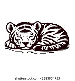 cute sleeping tiger vintage sketch