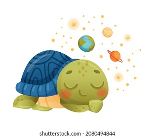 Cute sleeping turtle astronaut. Adorable baby tortoise character flying in outer space vector illustration