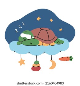 Cute sleeping turtle on cloud vector cartoon illustration isolated on a white background.