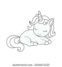 Cute sleeping unicorn coloring book for kids. A hand-drawn pony with a horn isolated on a white background. It can be used for printing, textiles, web design. Vector illustration