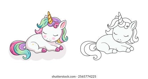 Cute sleeping unicorn coloring book for kids. A hand-drawn pony with a horn isolated on a white background. It can be used for printing, textiles, web design. Vector illustration