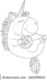 Cute sleeping unicorn creature with donut sketch template. Cartoon vector illustration for icons, emoji symbols, games, background, pattern, decor. Coloring paper, page, story book. Print for fabrics 