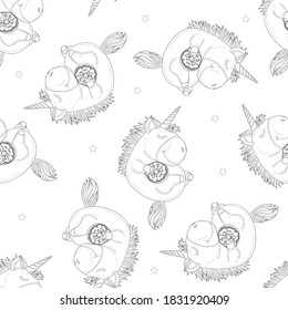 Cute sleeping unicorn creature with donut seamless pattern sketch template. Cartoon vector illustration in black and white for games, background, pattern, decor. Coloring paper, page, story book. 