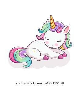 A cute sleeping unicorn. A hand-drawn pony with a golden horn isolated on a white background. It can be used for printing, textiles, web design. Vector illustration