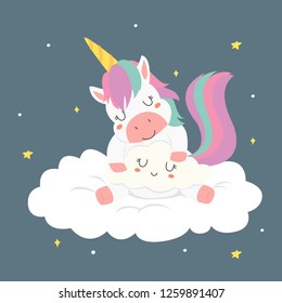 cute sleeping unicorn hugging a cloud cartoon vector