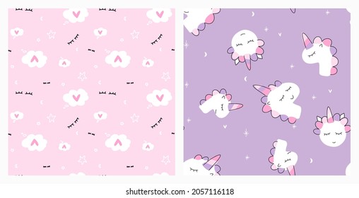 Cute sleeping unicorn and love think bubble repeat background. Non directional seamless pattern set in pastel purple and pink colours for the girl's pajama, bedding textile or fabric.
