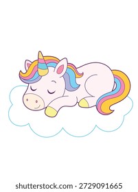 Bela adormecida unicórnio em uma ilustração de nuvem. Criatura mágica feliz Descansando em uma cena de céu sonhador 