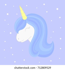 Cute sleeping unicorn on starry background. Vector unicorn head with beautiful blue mane and horn.