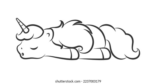 Cute sleeping unicorn vector outline illustration. Easy coloring book page for kids.