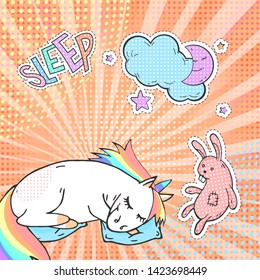 Cute sleeping unicorn,moon, toy rabbit and sticker with text SLEEP. Vector pop art background.