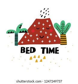 Cute sleeping volcano with exotic palm trees. Illustration vector for print t-shirt design. Bed time.