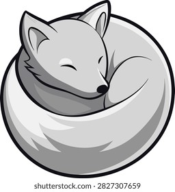 Cute sleeping white arctic fox curled up, cartoon vector illustration of a cozy wild animal mascot