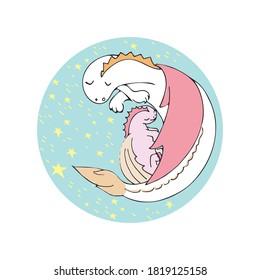 Cute sleeping white dragon with baby dragon among the stars. Vector round print, sticker with cartoon characters.