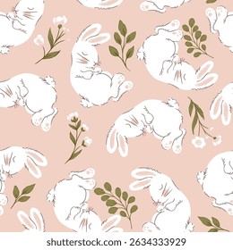 Cute Sleeping White Rabbit Vector Seamless Pattern