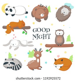 Cute sleeping wild animals icon set. Vector illustration of funny hedgehog fox bear squirrel owl raccoon rabbit deer and panda isolated on white background.