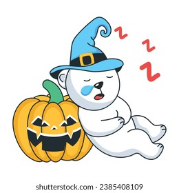 Cute sleeping witch bear with halloween pumpkin, doodle sticker  