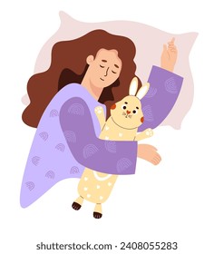 Una adorable mujer durmiente con un juguete de conejo. El tiempo se relaja y el carácter femenino. Ilustración vectorial en estilo plano