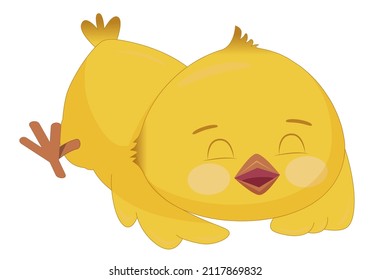 Cute sleeping yellow chick. Funny bird with pink cheeks sleeps on its tummy, isolated on white background.