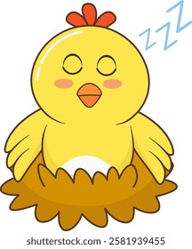 Cute Sleeping Yellow Chick in Nest Illustration