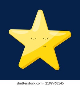 Cute sleeping yellow star on a blue background. Simple flat style vector illustration