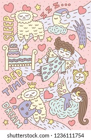 Cute sleepy angels and lambs. Childish drawing. Poster for kid's room. Vector illustration.