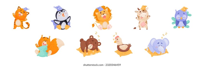 Cute Sleepy Animals Yawning and Sleeping in Nightcap with Pillow Vector Set